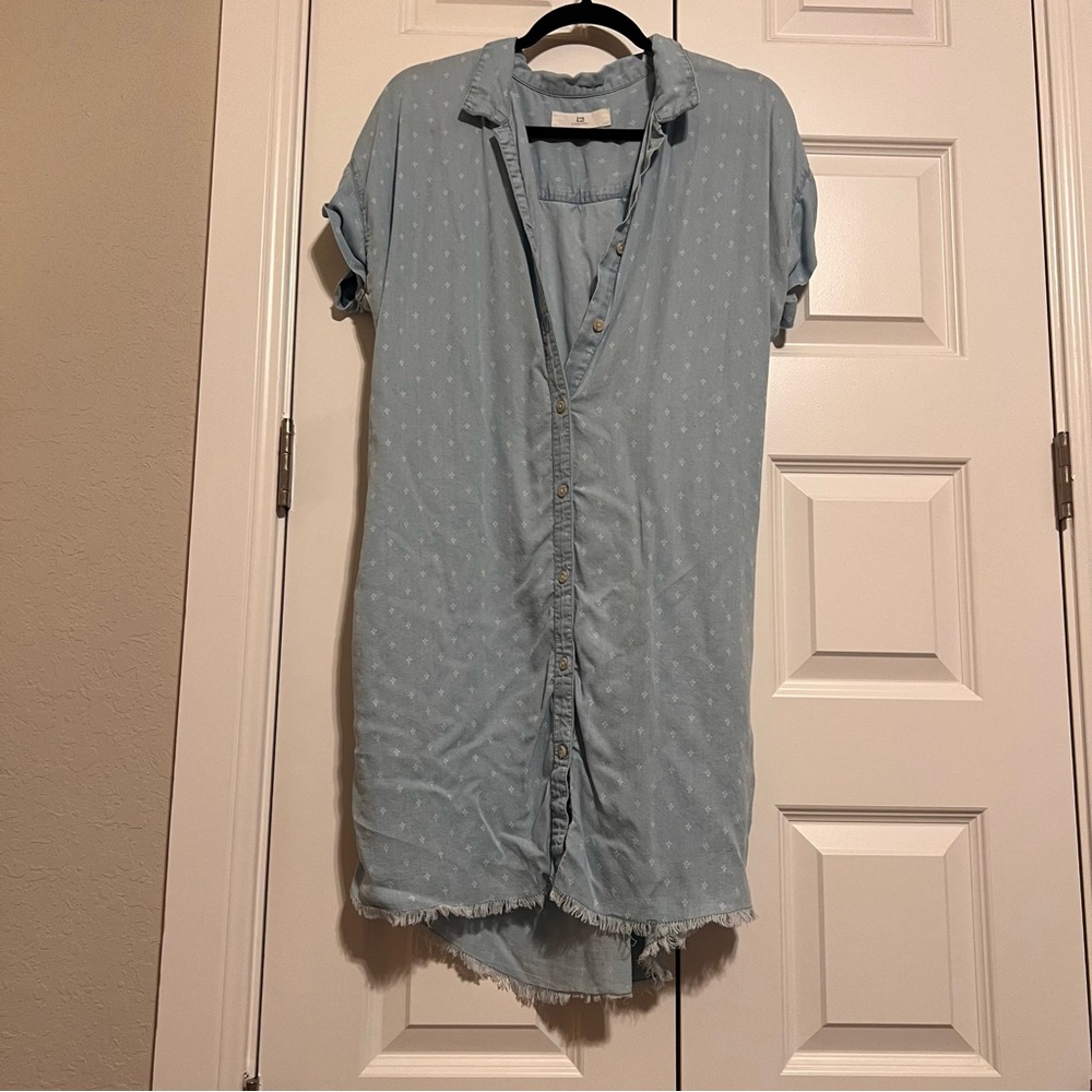 Thread & Supply Sky Denim Down Dress with a Frayed Hemline